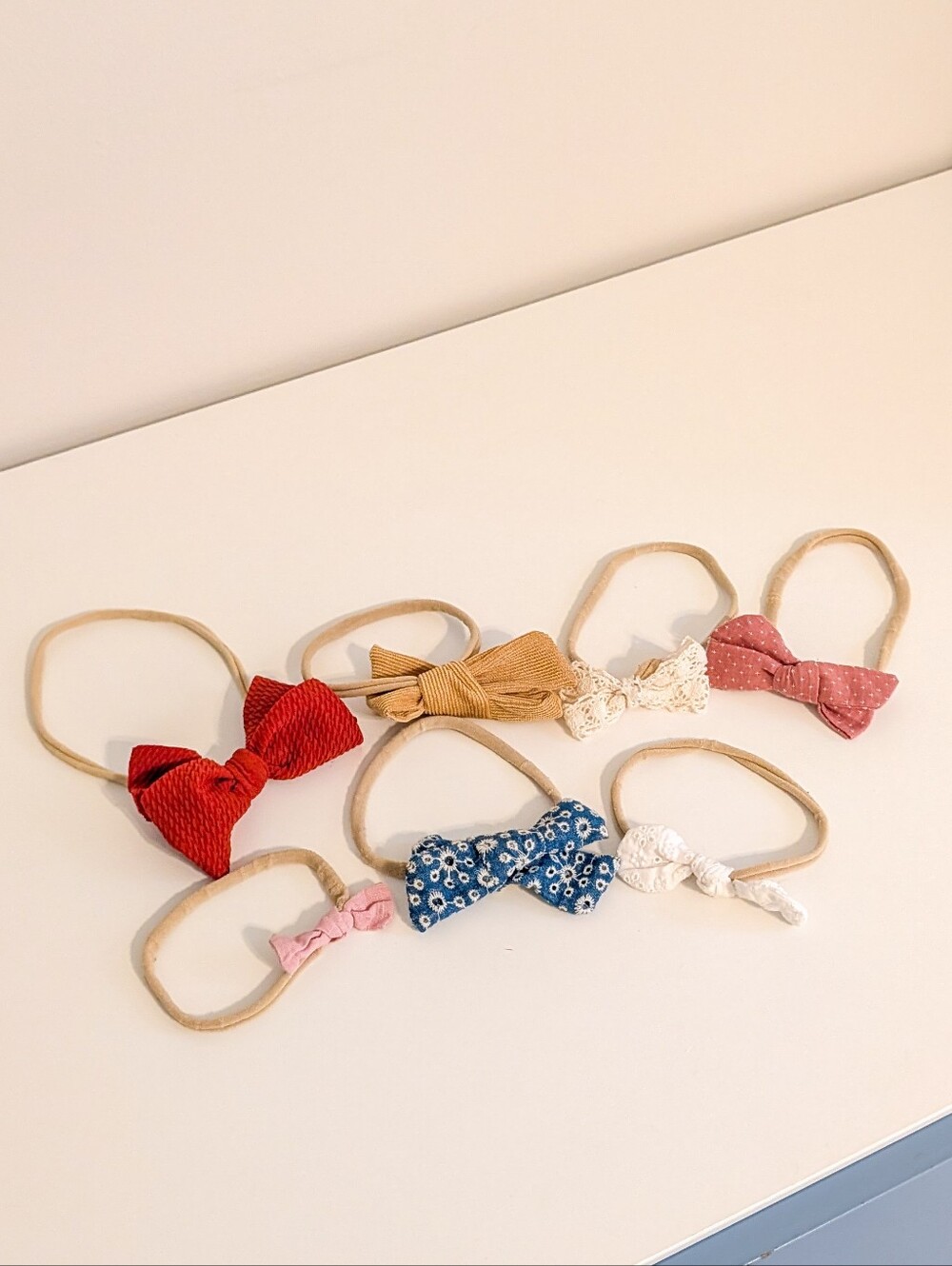 Baby Girl Nylon Bow Headbands Lot of 7 – Textured Knits, Eyelet, Denim & Floral